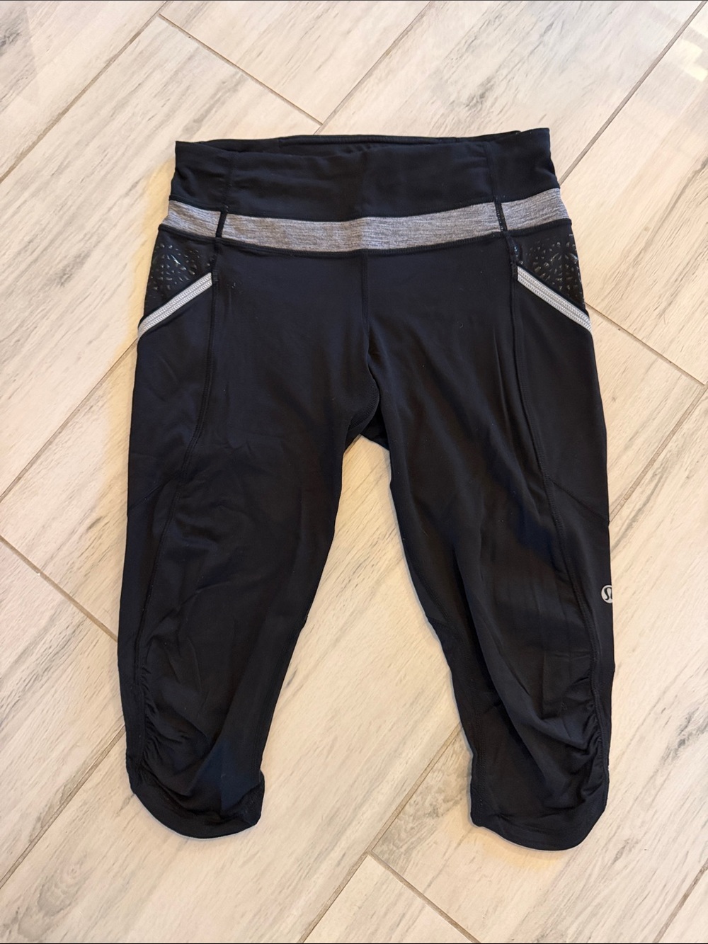 lululemon athletica Black Cropped Leggings with Gray Waistband and Trim
